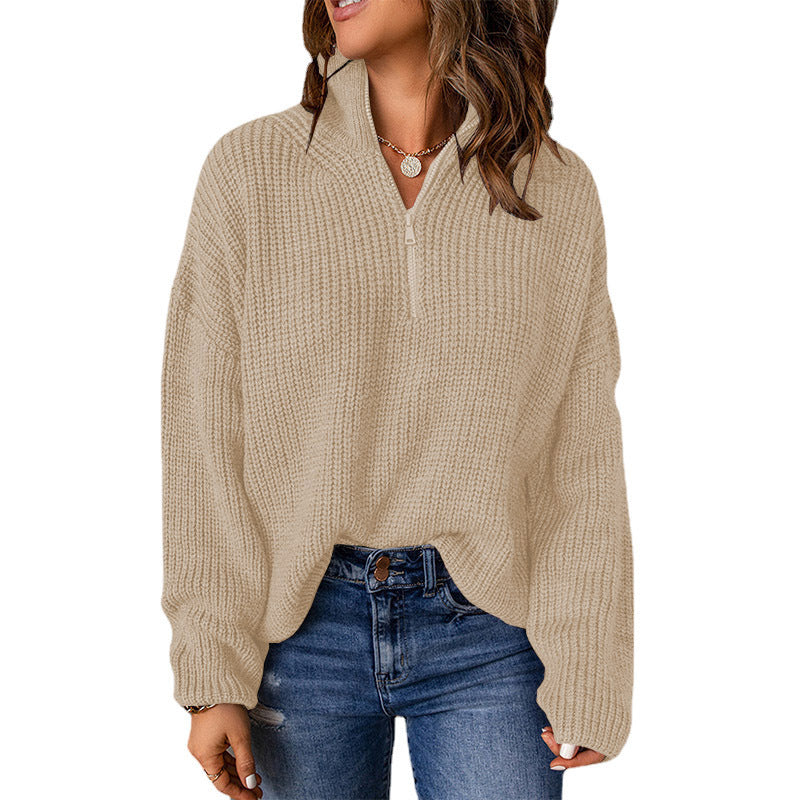 Damen Grober Strickpullover mit Stehkragen und Reißverschluss GR