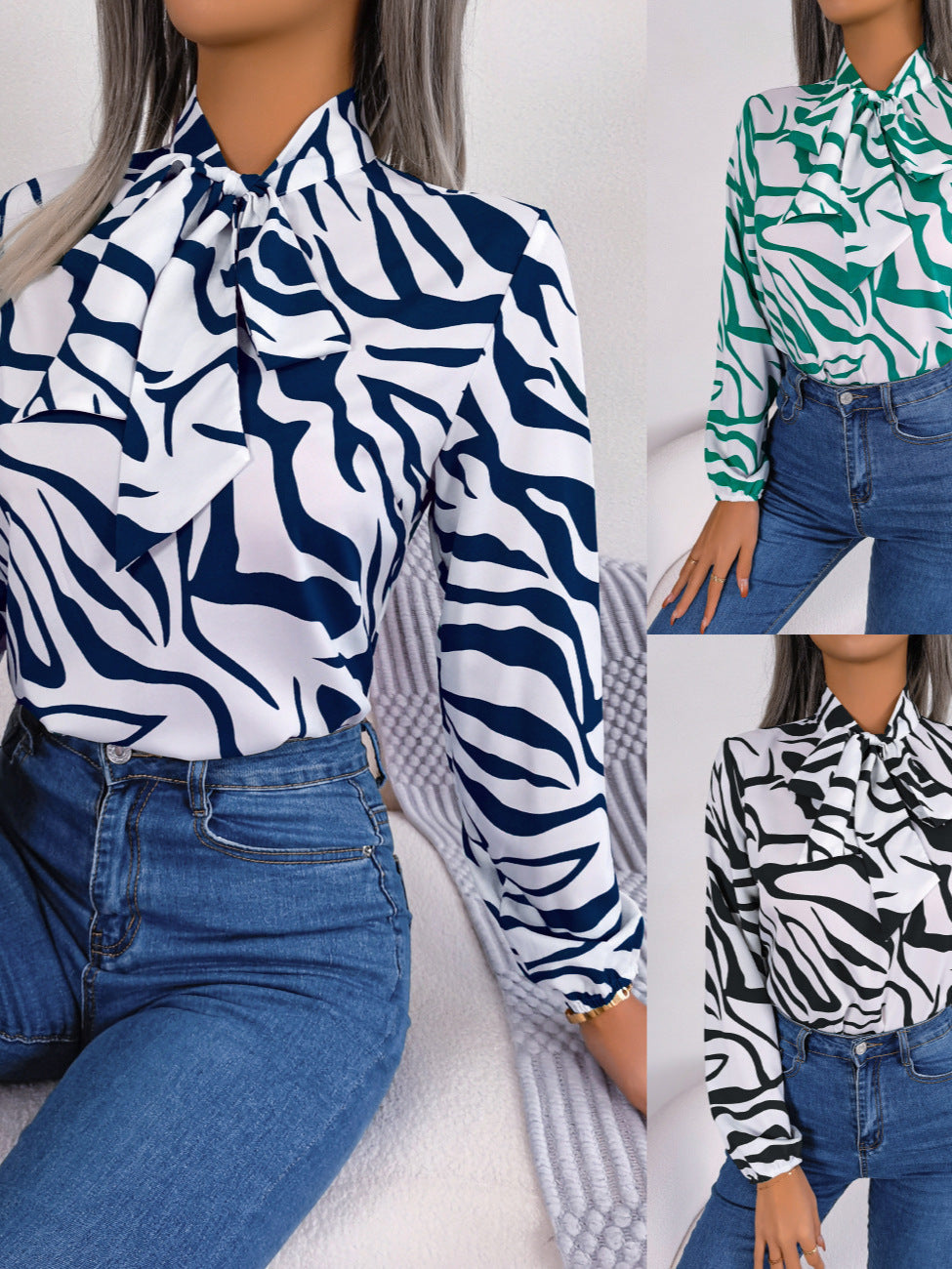 Damen Bluse mit modischem Zebra-Muster und elegantem Schleifenkragen GR