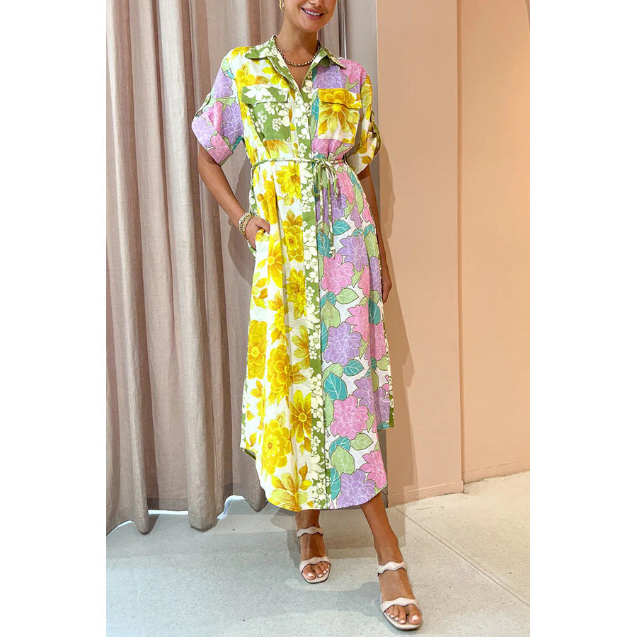 GR | Spring Summer Loose Holiday Dress Casual Short Sleeve Lace-up Pocket Dress