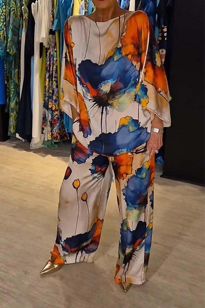 GR | Elegant satin one-shoulder printed loose set 