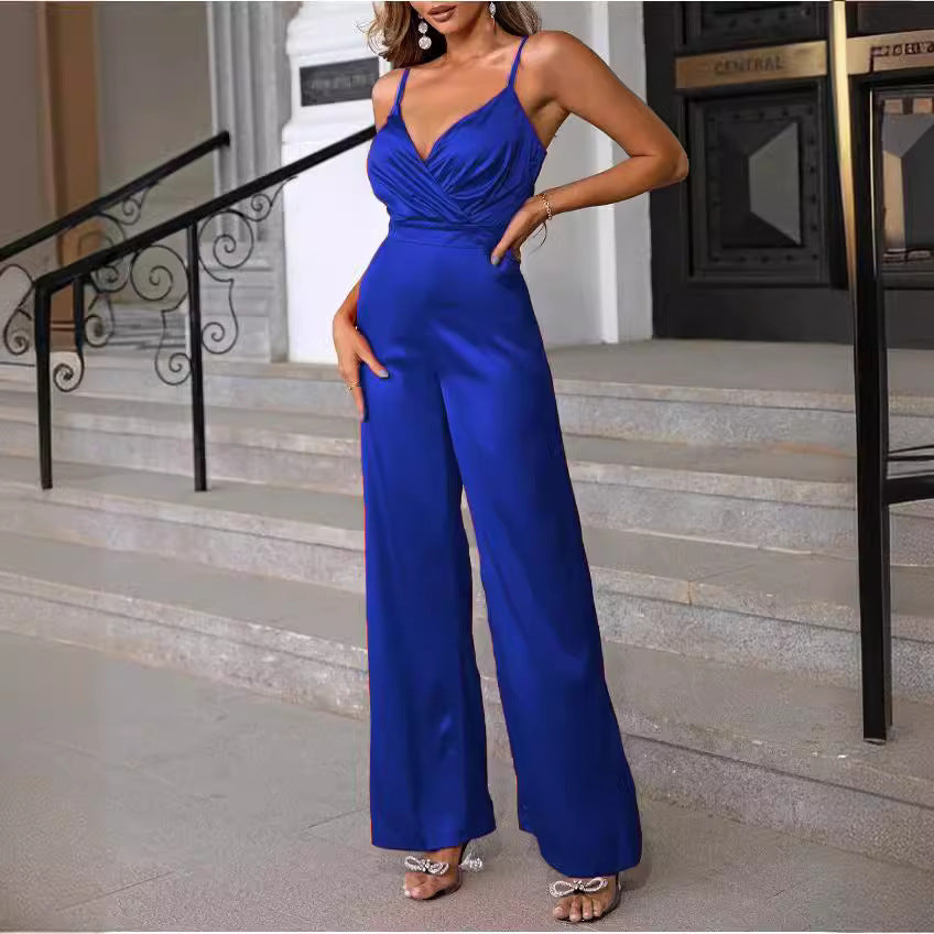 Women's elegant jumpsuit with wrap top and long, straight legs, size [size]