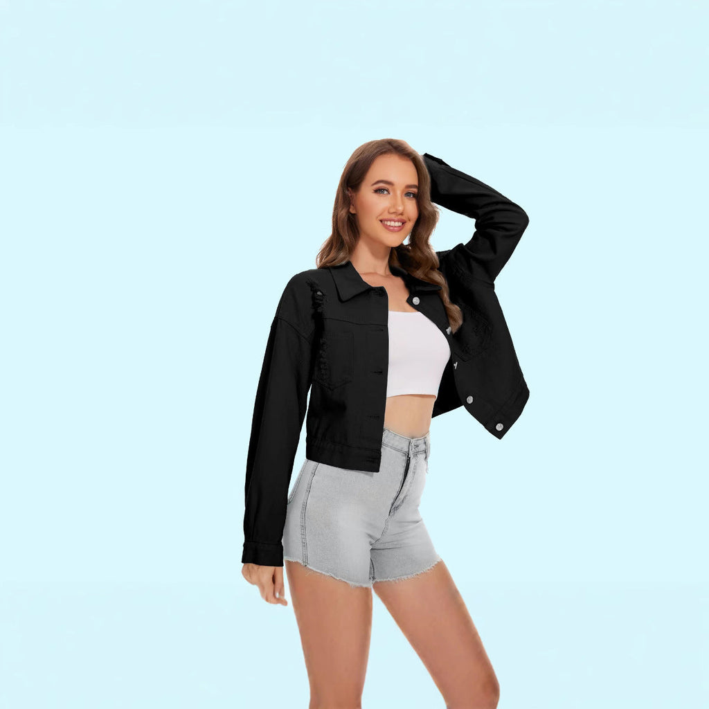Women's denim jacket in a casual crop style with fringed details, size GR