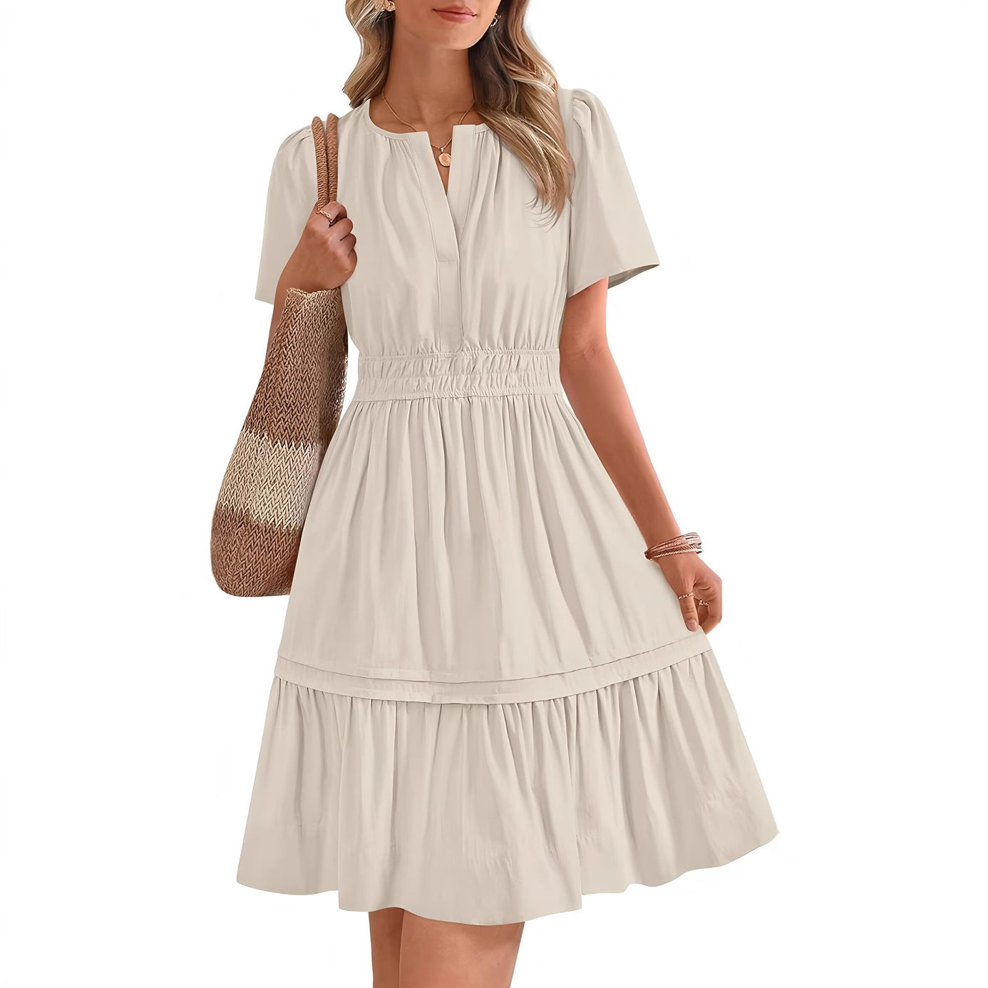 Damen gesmoktes Freizeitkleid mit voluminösem Rock GR