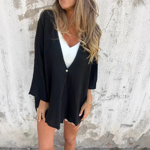 Women's casual kimono with deep V-neck and wide sleeves, size [size missing]
