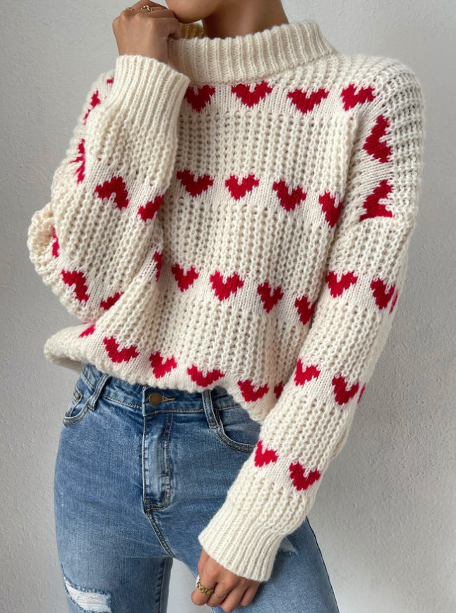 GR Half High Collar Loose Fit Love Heart Jacquard Knit Sweater
