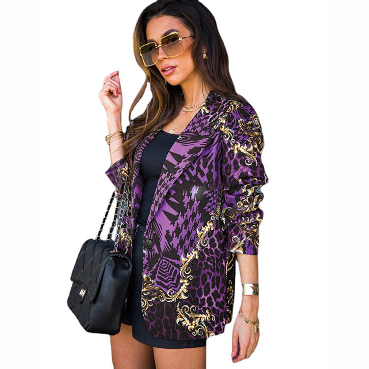Women's elegant blazer with a glossy leopard print and gold accents, size [size missing]