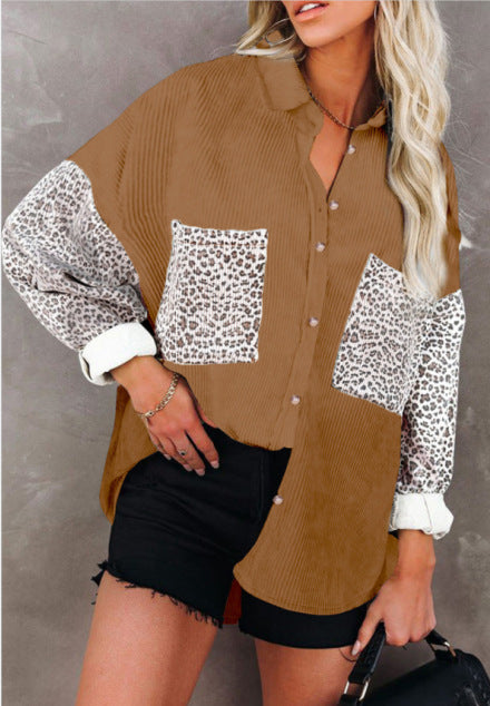 Women's trendy corduroy jacket with leopard details, size