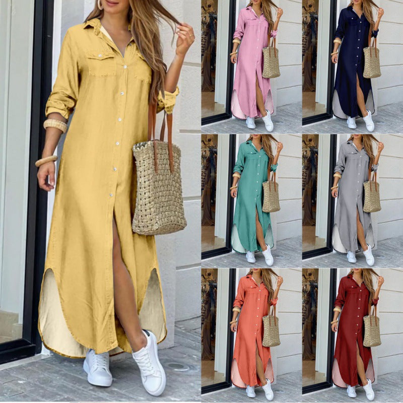 Women's shirt dress with elegant slit and practical pockets, size