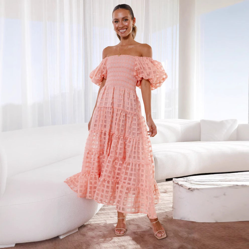 GR | Women's dress with a single neck, lantern sleeves, layered seams