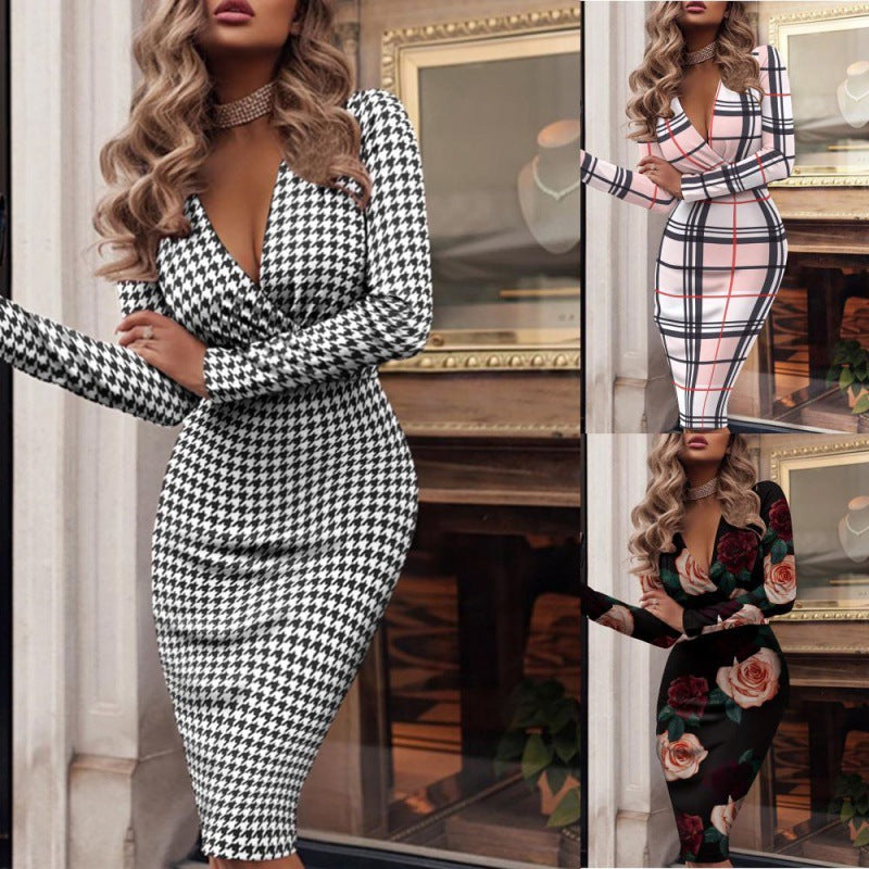 Women's figure-hugging wrap dress with a check pattern and deep V-neck, size [size missing]