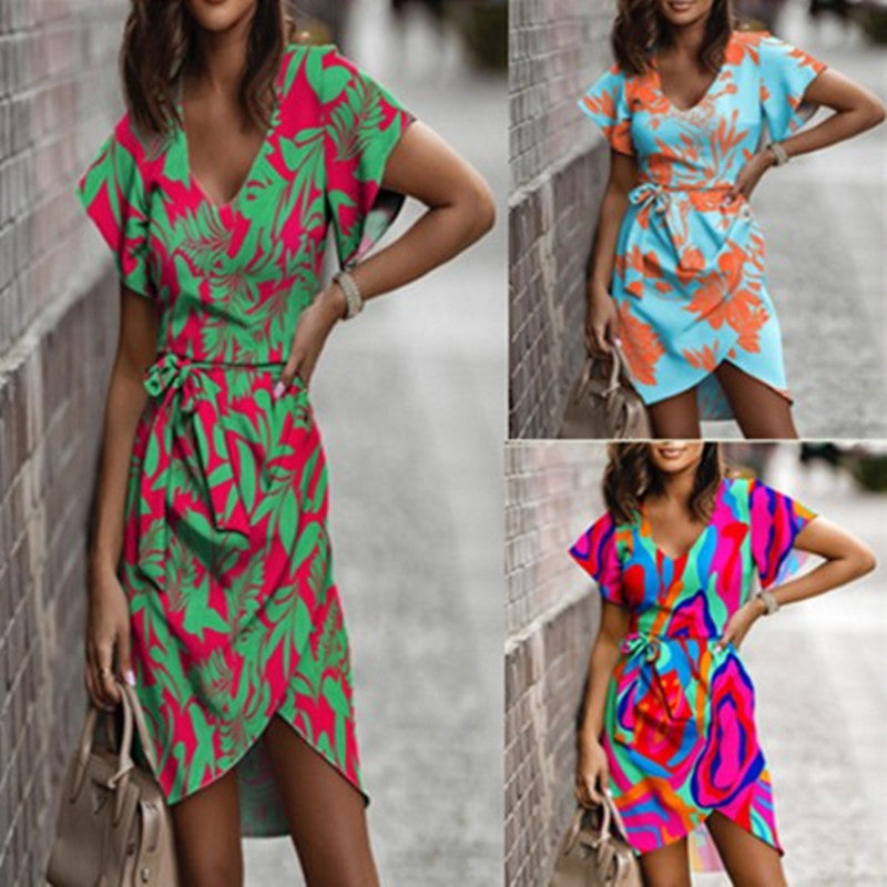 Women's wrap dress with floral design and chic waist belt, size
