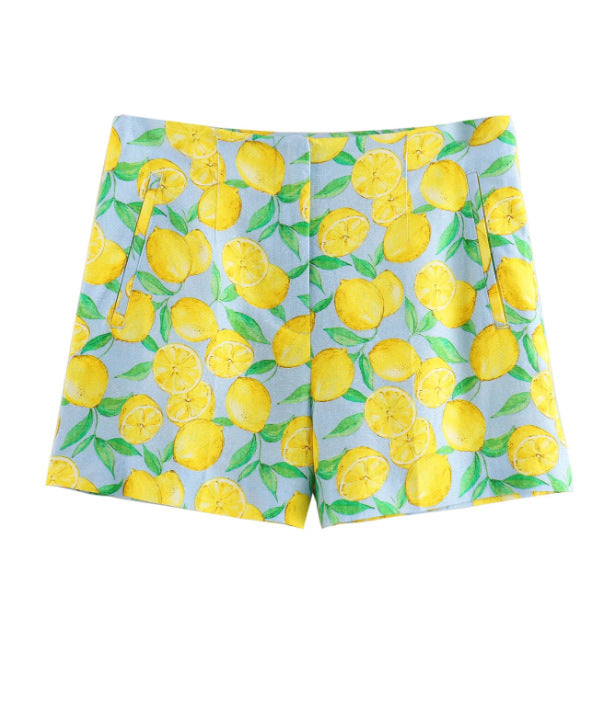 Damen Shorts mit frischem Zitronenprint und eleganter Passform GR