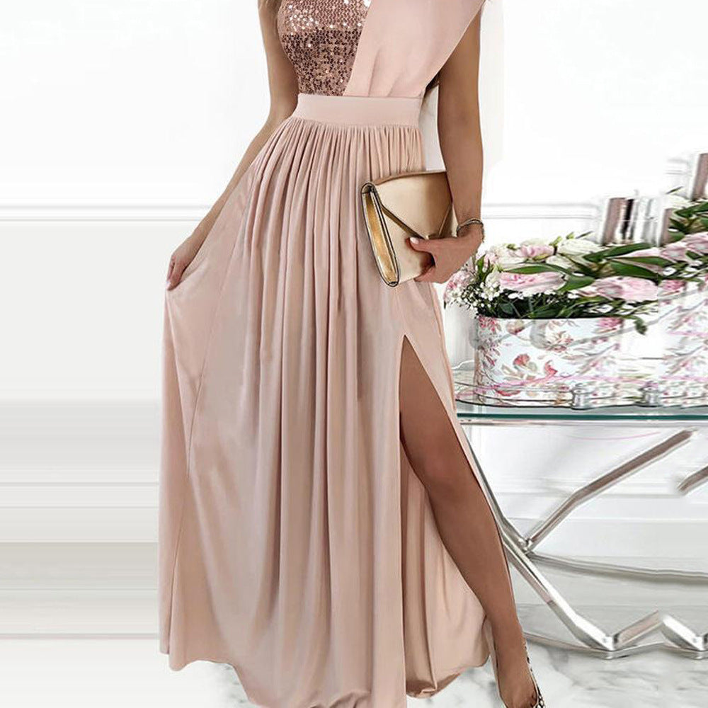 Women's elegant evening dress with asymmetrical top and shimmering skirt, size