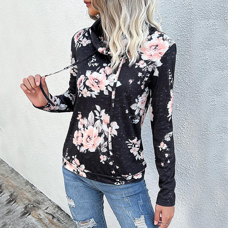 Damen Kapuzenpullover mit floralem Muster und modernem Rollkragen GR