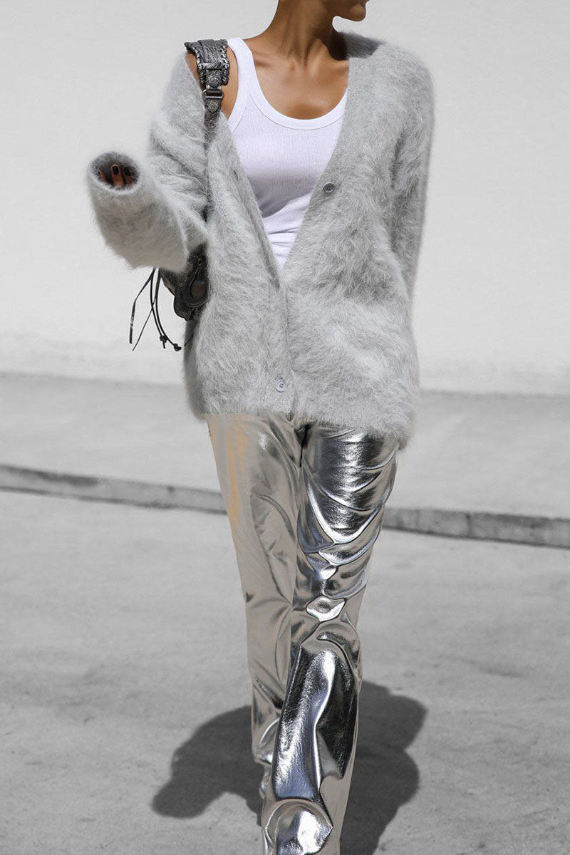GR Plush Loose Long Sleeve V-Neck Buttoned Cardigan