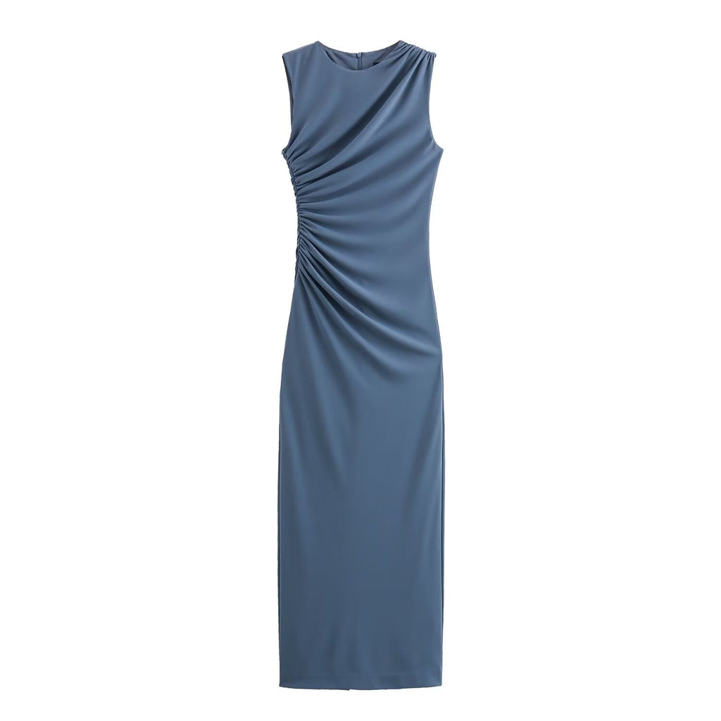 GRMODE | Solid Color Round Neck Sleeveless Pleated Slim Fit Dress