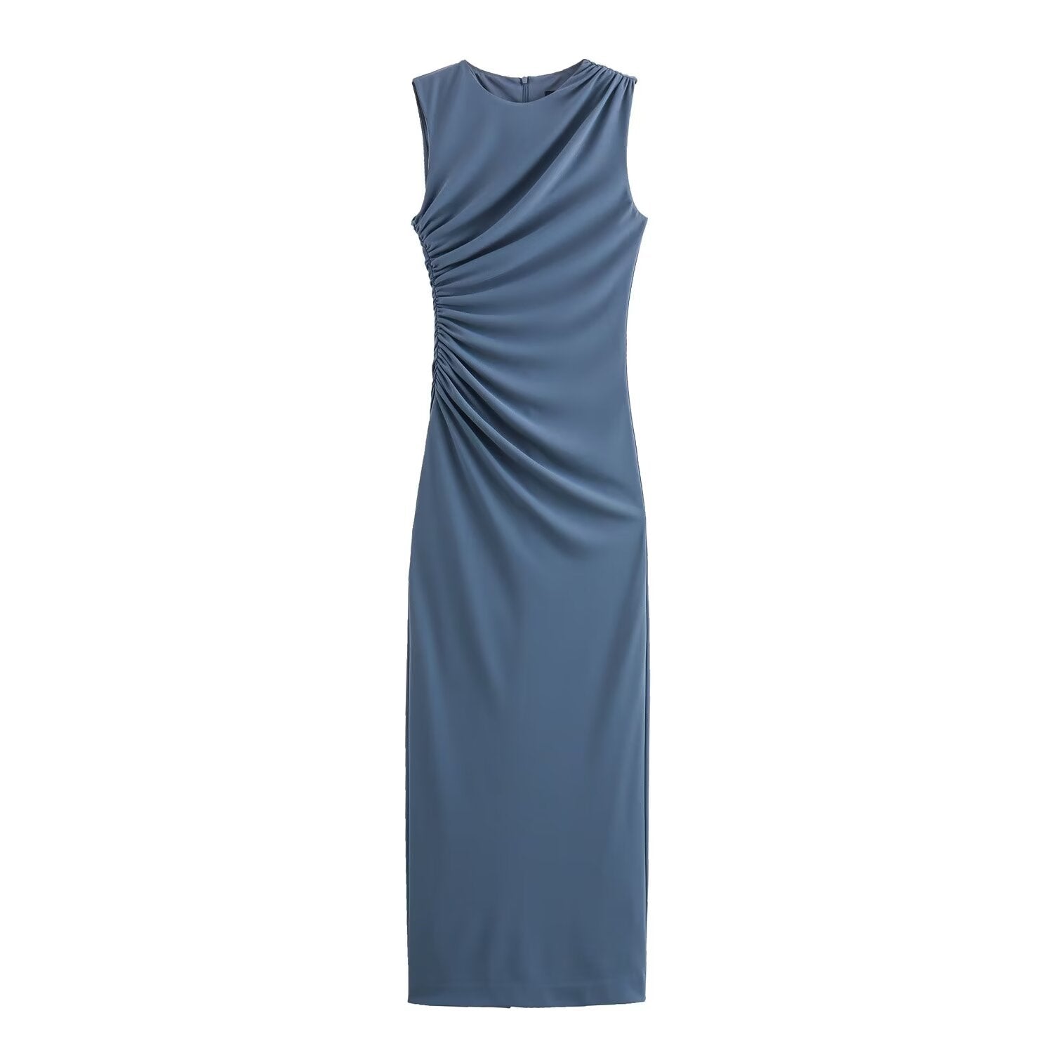 GRMODE | Solid Color Round Neck Sleeveless Pleated Slim Fit Dress