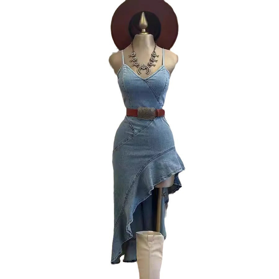 GR | Ruffled hem denim split dress