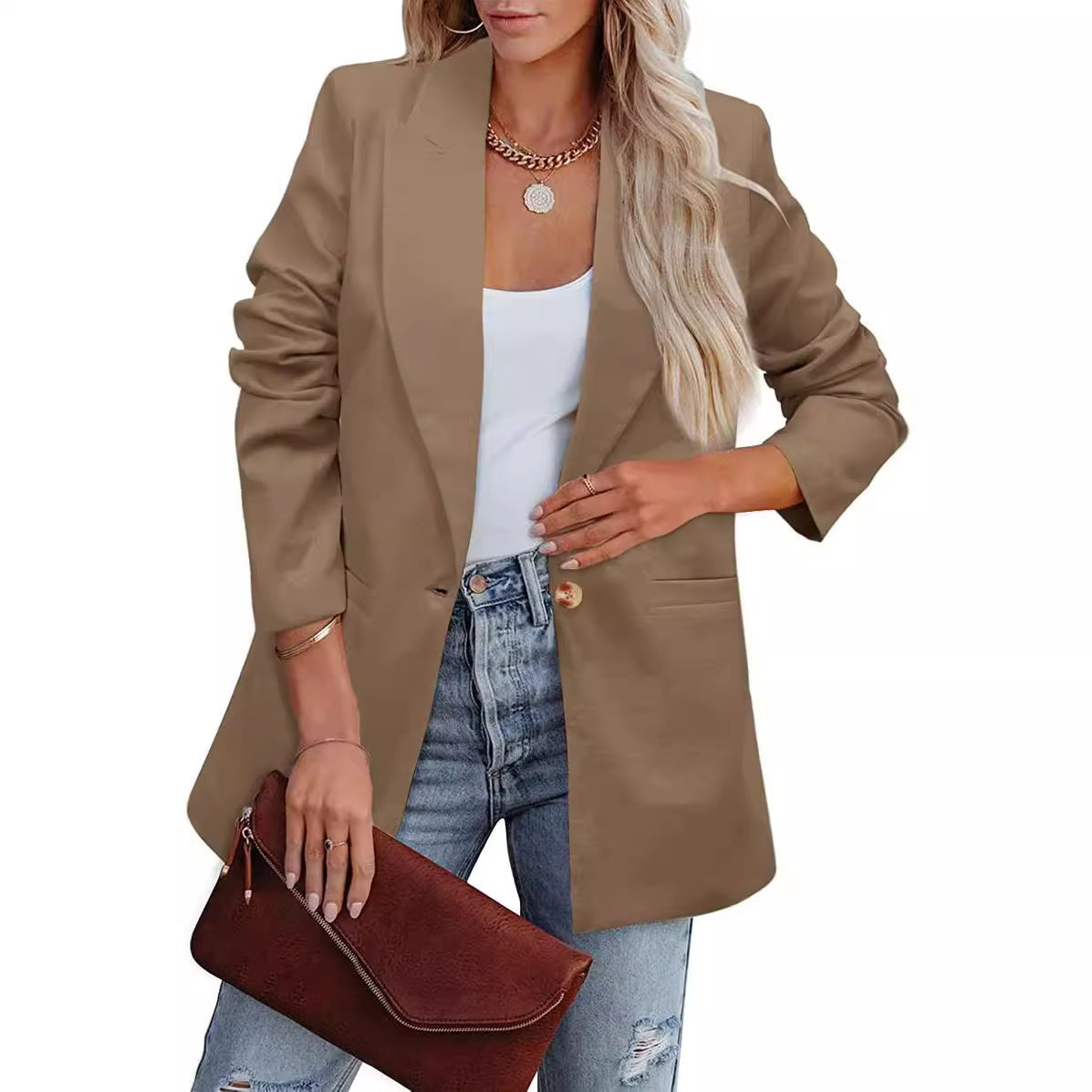Women's elegant casual blazer with a relaxed cut and two pockets, size S