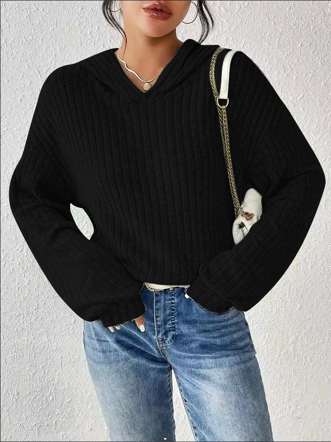 Damen lässiger Kapuzenpullover mit stilvollem Rippmuster und überschnittenen Ärmeln GR