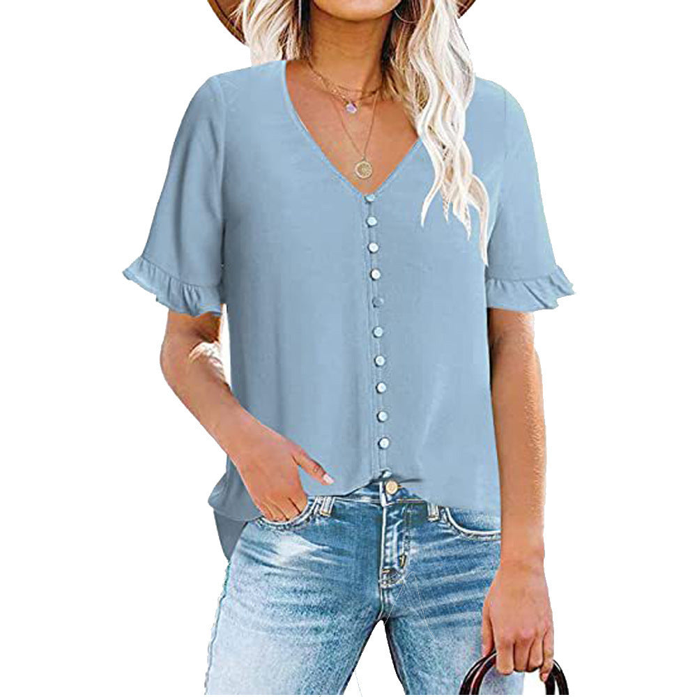 Women's blouse with ruffle details and button placket, size