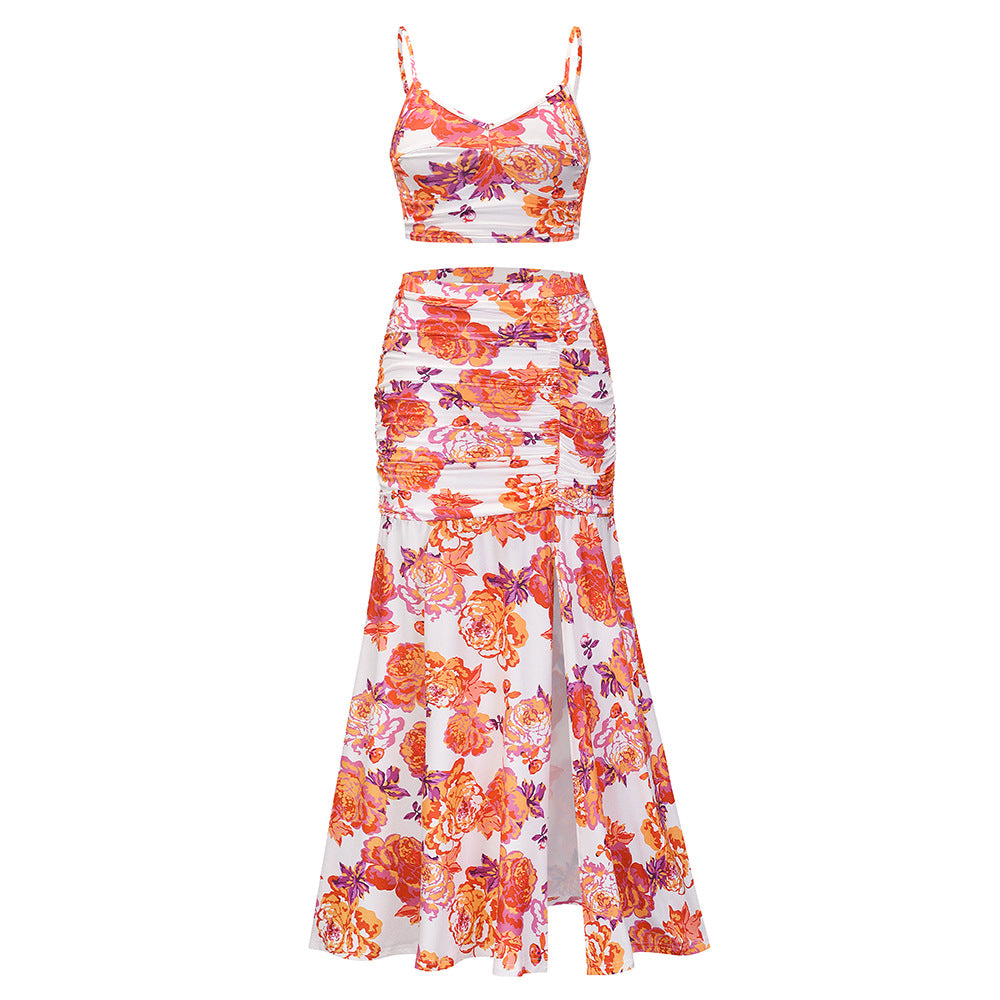 GR | Spaghetti Strap Sleeveless Crop Top High Slit Long Skirt Set