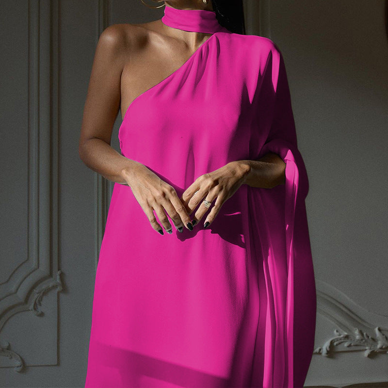 Women's elegant one-shoulder evening dress with flowing fabric and chic collar, size S