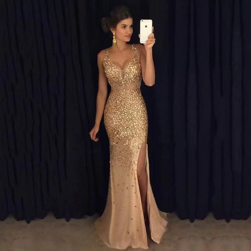 GR | Slit Gold Foil Long Evening Dress