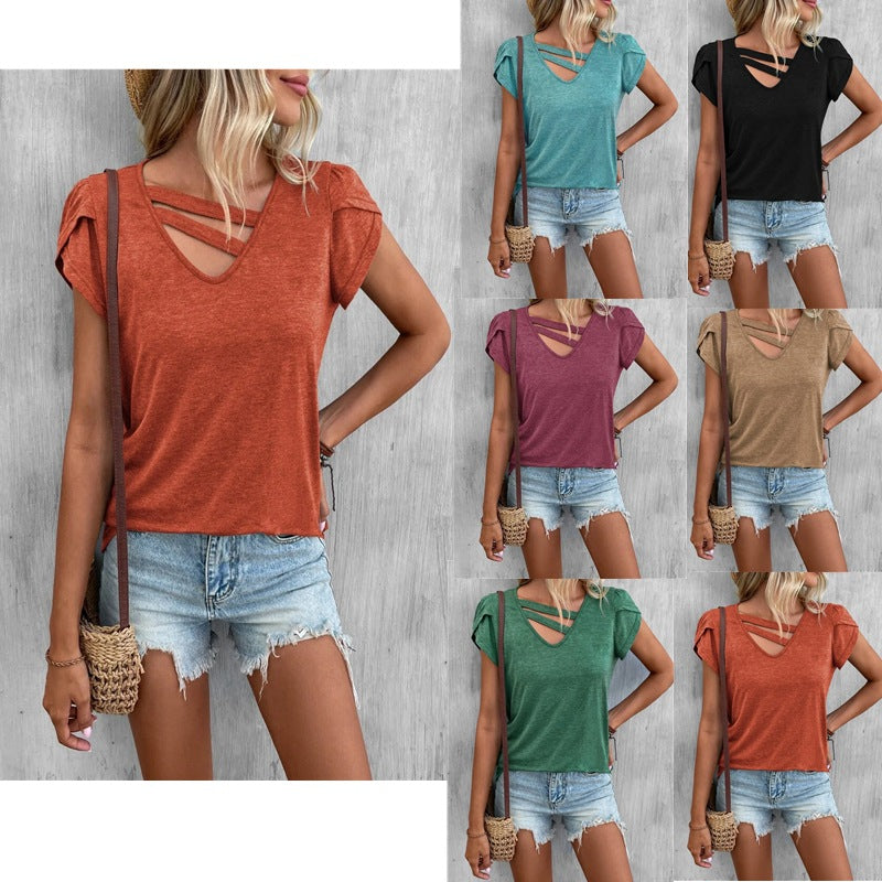 Women's casual short-sleeved T-shirt with unique cross-neck, size