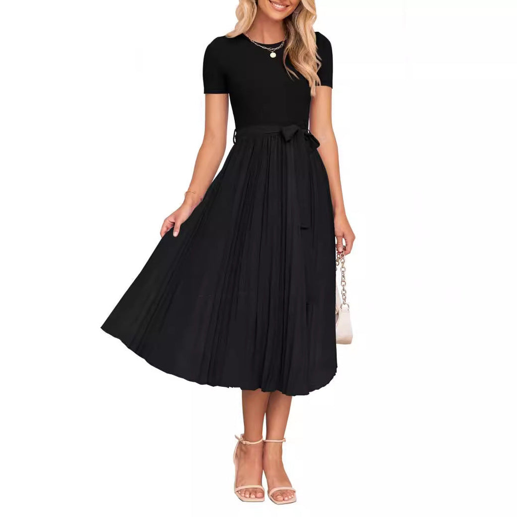 GR | Lässiges Fließendes Kurzarm-Gürtel-Midikleid