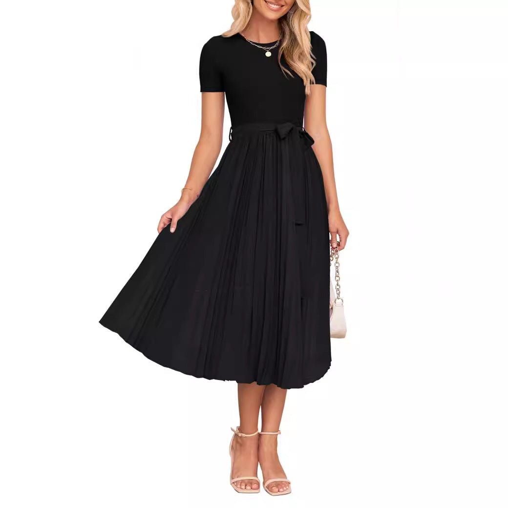 GR | Lässiges Fließendes Kurzarm-Gürtel-Midikleid