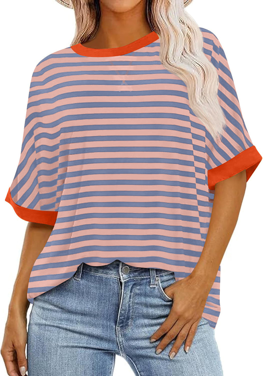 Women's casual striped top with a relaxed fit and contrasting neckband, size [size]
