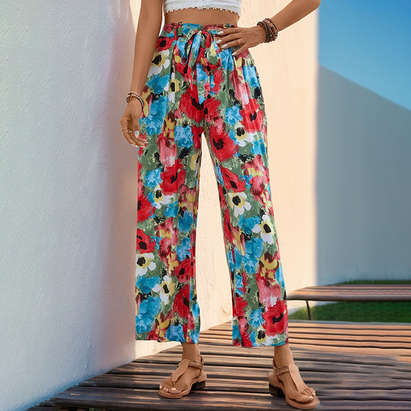 Damen weite Sommerhose mit buntem Blumenmuster und elastischem Bund GR