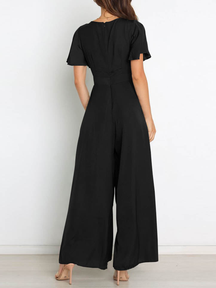 GR | Short-sleeved wide-leg casual V-neck jumpsuit