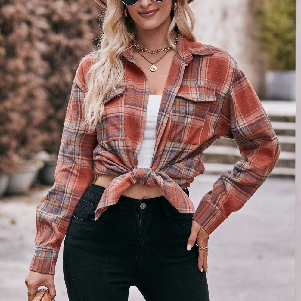Women's checked shirt with button-up front design and casual knot detail, size GR
