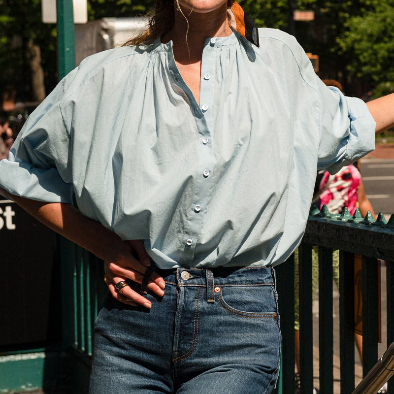 Women's blouse with high collar and elegant button placket, size