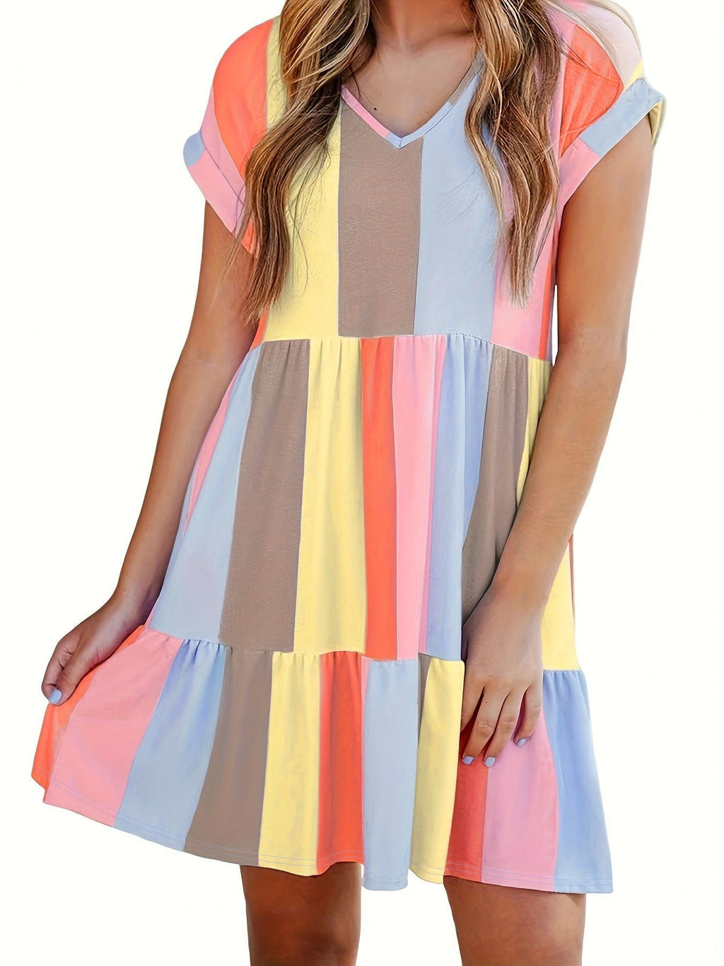 Damen Freizeitkleid mit farbenfrohem Streifenmuster und fließendem Design GR