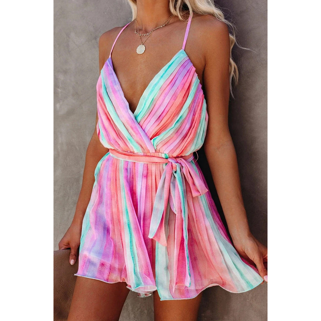 GR | Spring Summer Strappy Pleated Chiffon Dress Home Lace-up Sexy V-Neck Chiffon Dress