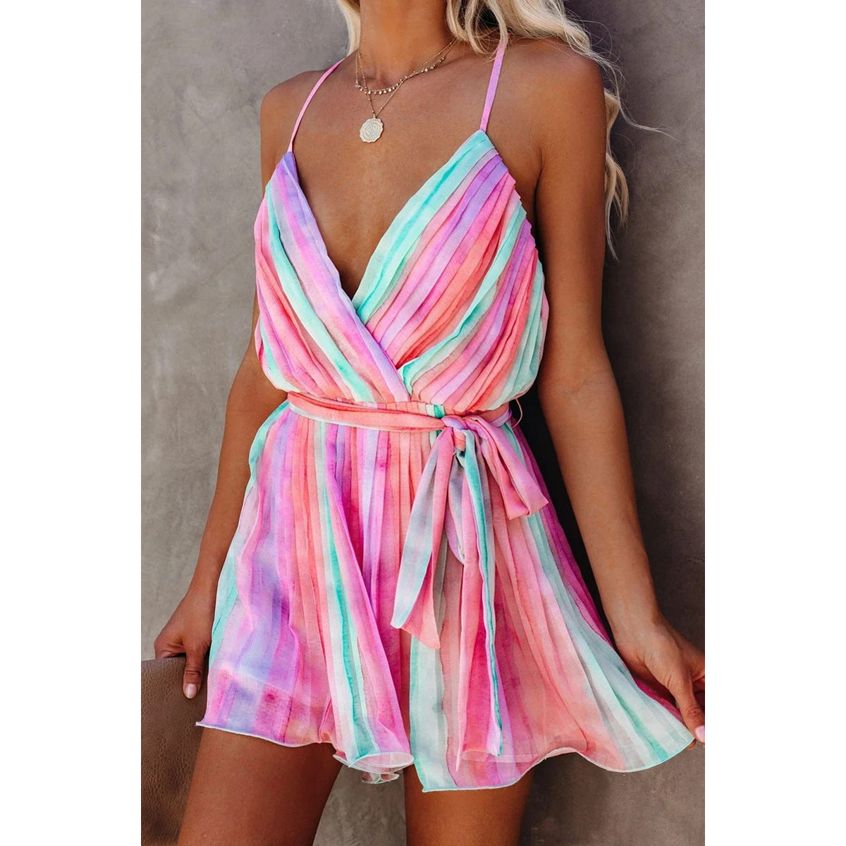 GR | Spring Summer Strappy Pleated Chiffon Dress Home Lace-up Sexy V-Neck Chiffon Dress