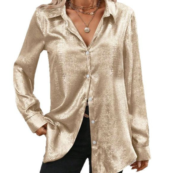 Damen glanzvolle Bluse mit elegantem V-Ausschnitt und feinem Knopfdetail GR