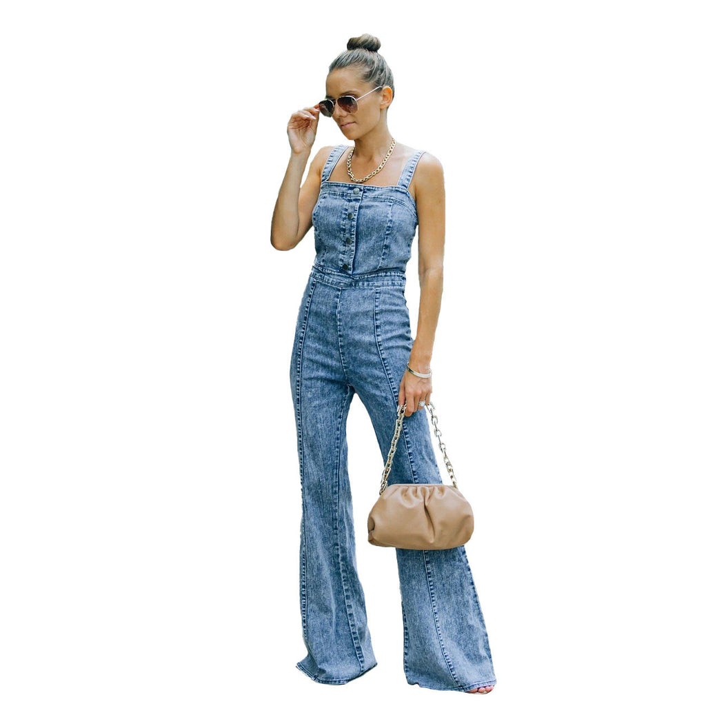 Women's jumpsuit in a casual denim look with wide legs and decorative buttons, size S