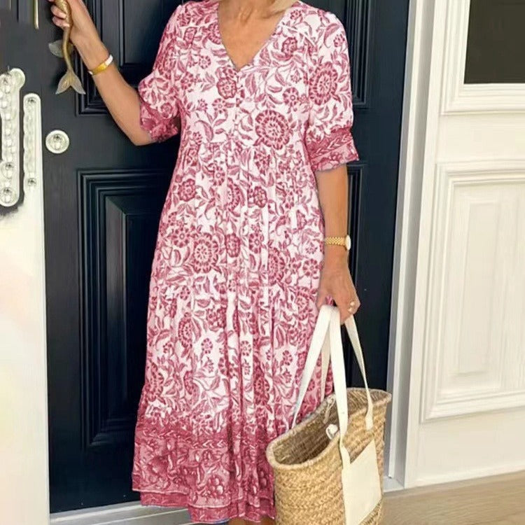 GR | Three-quarter sleeve long floral tie-dye print dress