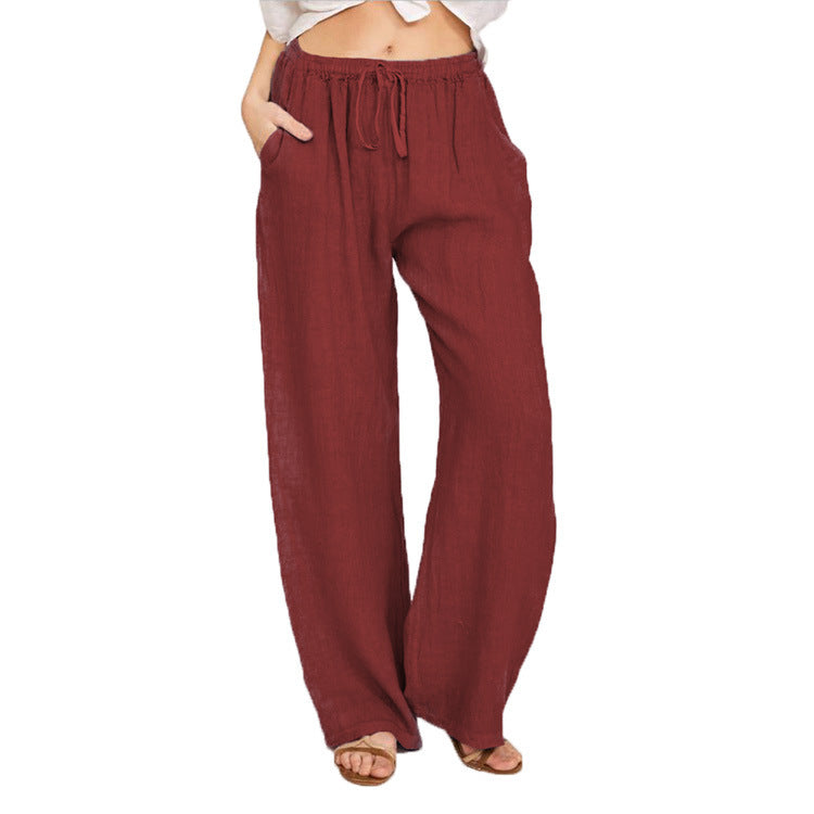 Women's wide linen trousers with elasticated waistband and practical pockets, size