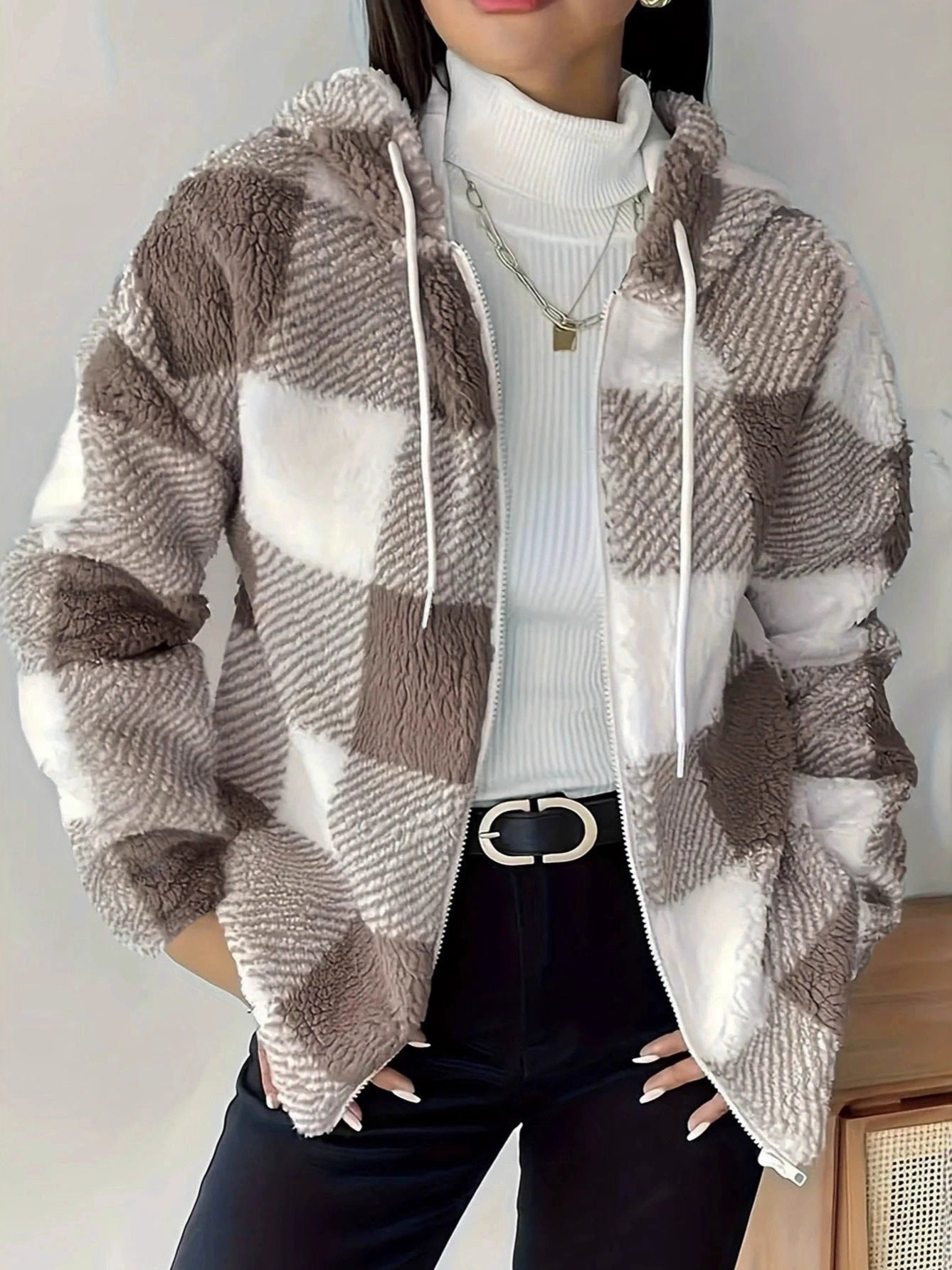 GR | Kariert Teddy Hoodie Jacke | Warm und Bequem für den Winter