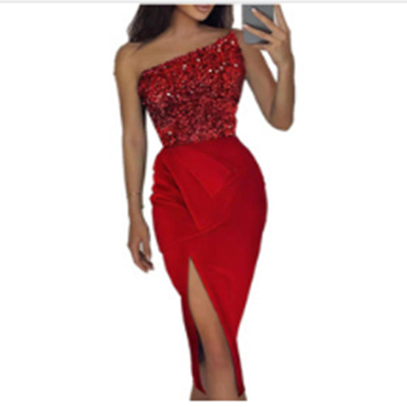 Damen Abendkleid mit asymmetrischem Design und funkelnden Pailletten GR