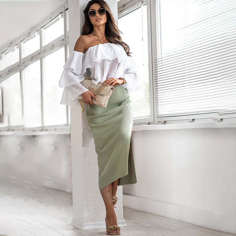 Women's midi skirt with elegant button details and side slit, size
