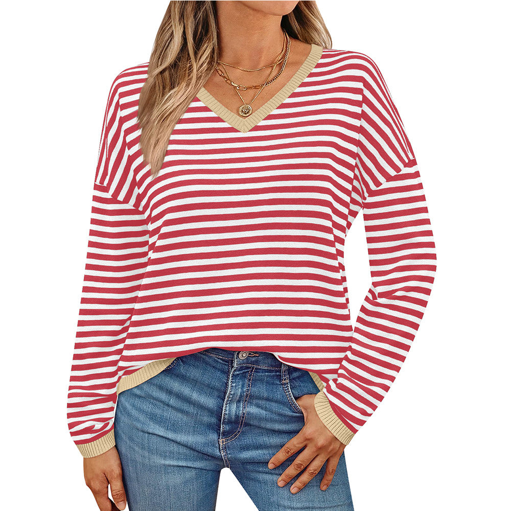 Women's casual sweater with a low V-neck and colorful striped pattern, size S