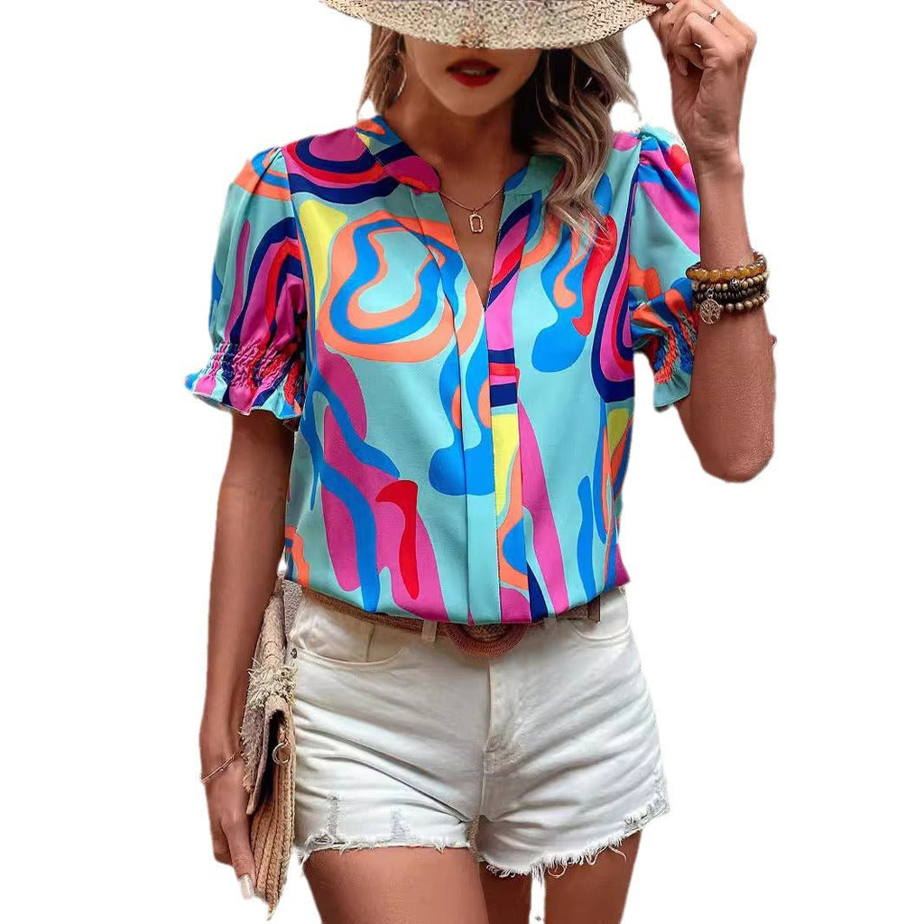 GR | Abstract Print Puff Sleeve Short Shirt