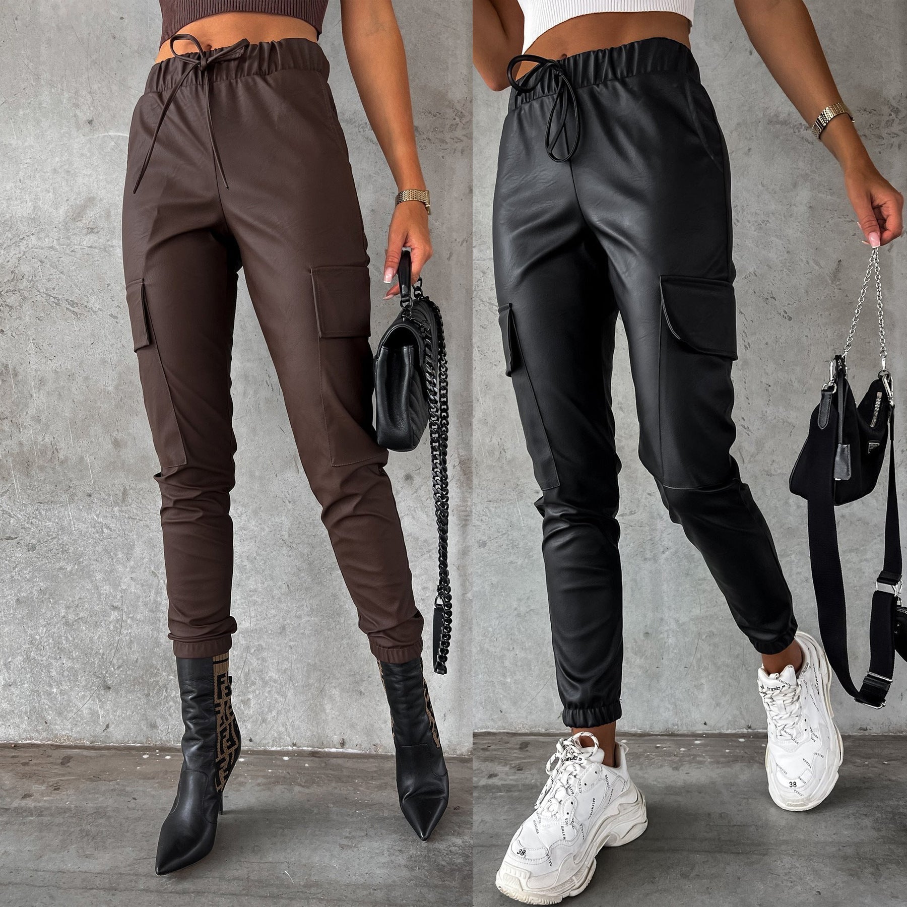 Damen Kunstleder Jogginghose mit praktischen Taschen und elastischem Bund GR