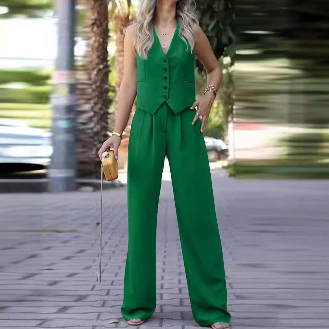 Sleeveless V-neck vest with wide-leg trousers ensemble